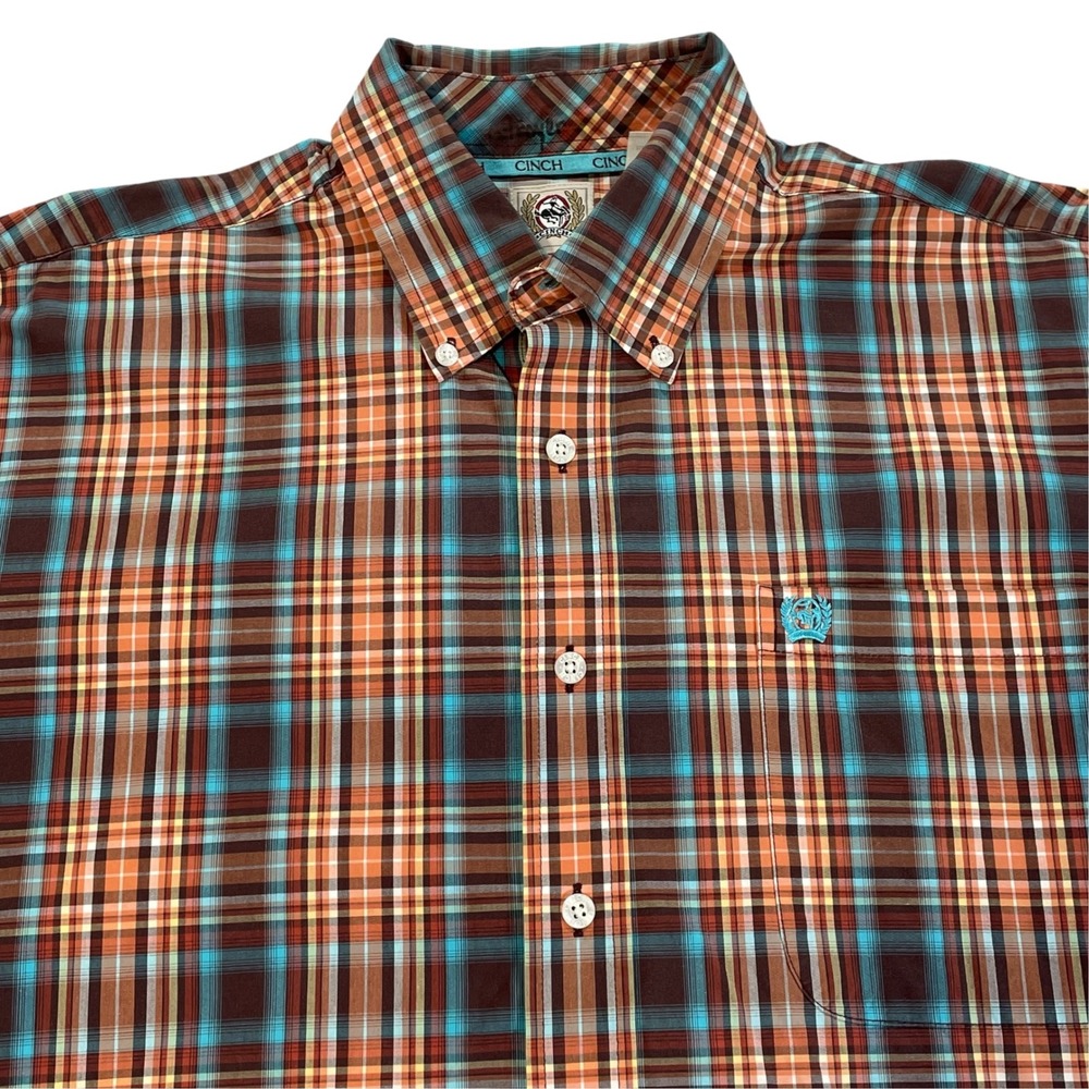 Cinch Mens Plaid Western Button Down Shirt Brown Orange Turquoise Cotton Medium